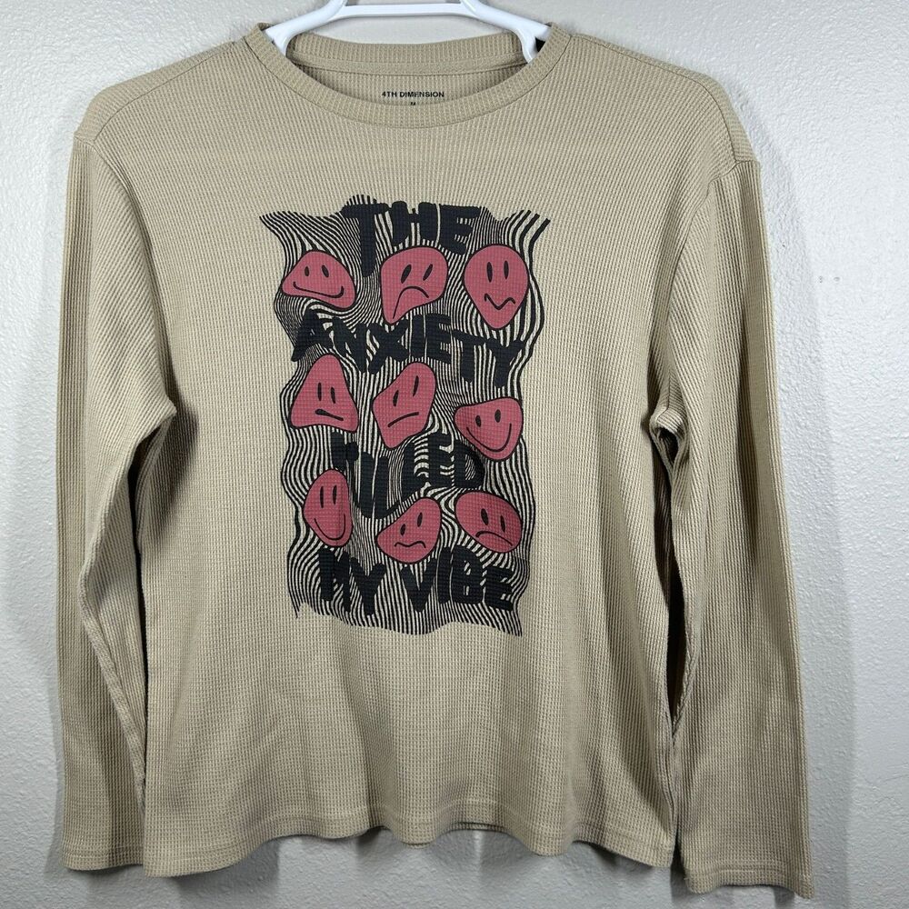 4TH DIMENSION Thermal Shirt Mens M Beige Graphic Waffle Knit Long Sleeve Crew